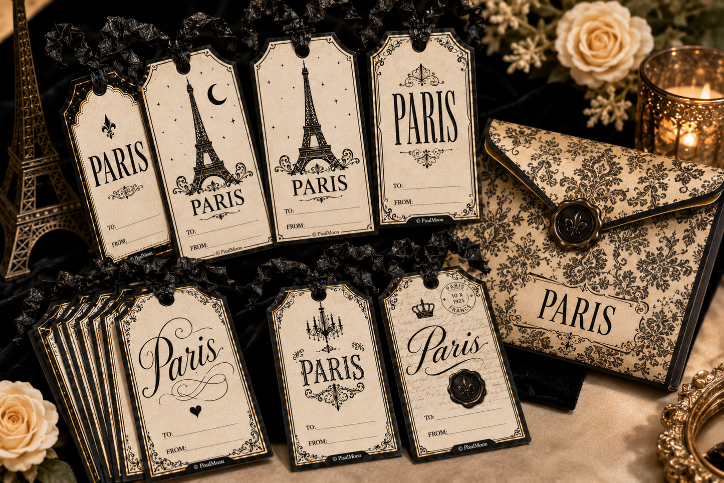 PARIS Tags Set of Ten with Holding Envelope