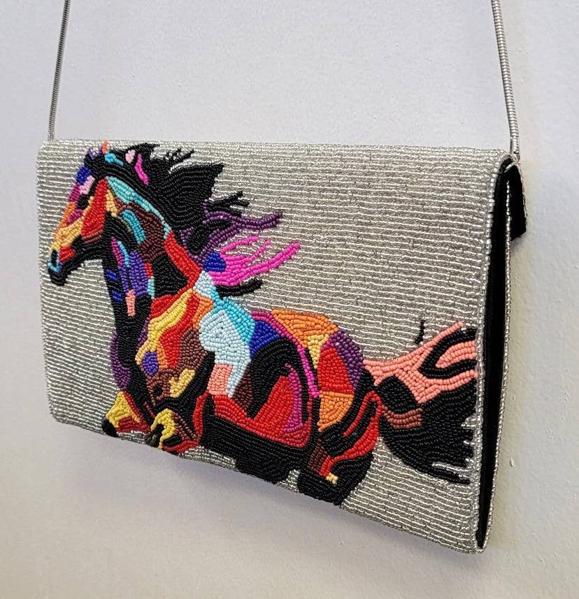 A BEADED BAG FLYING HORSE CLUTCH - EPOQUE
