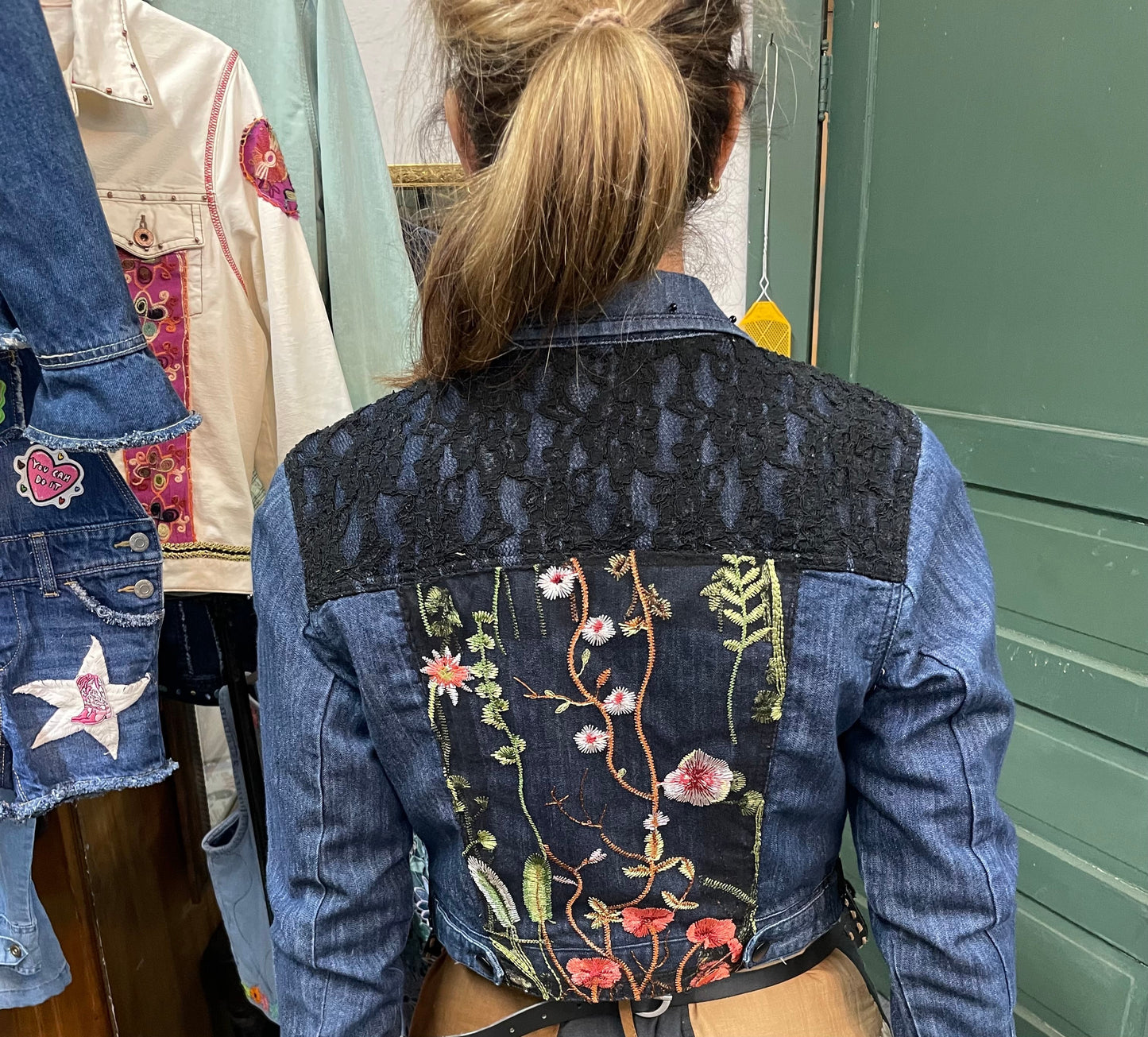 Custom Denim Jacket — Black Lace & Floral Embroideryhand stic
