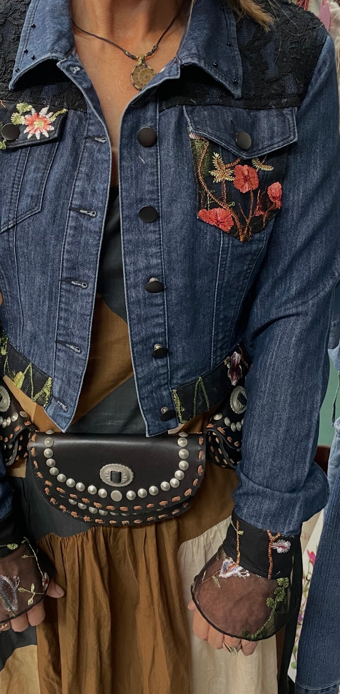 Custom Denim Jacket — Black Lace & Floral Embroideryhand stic