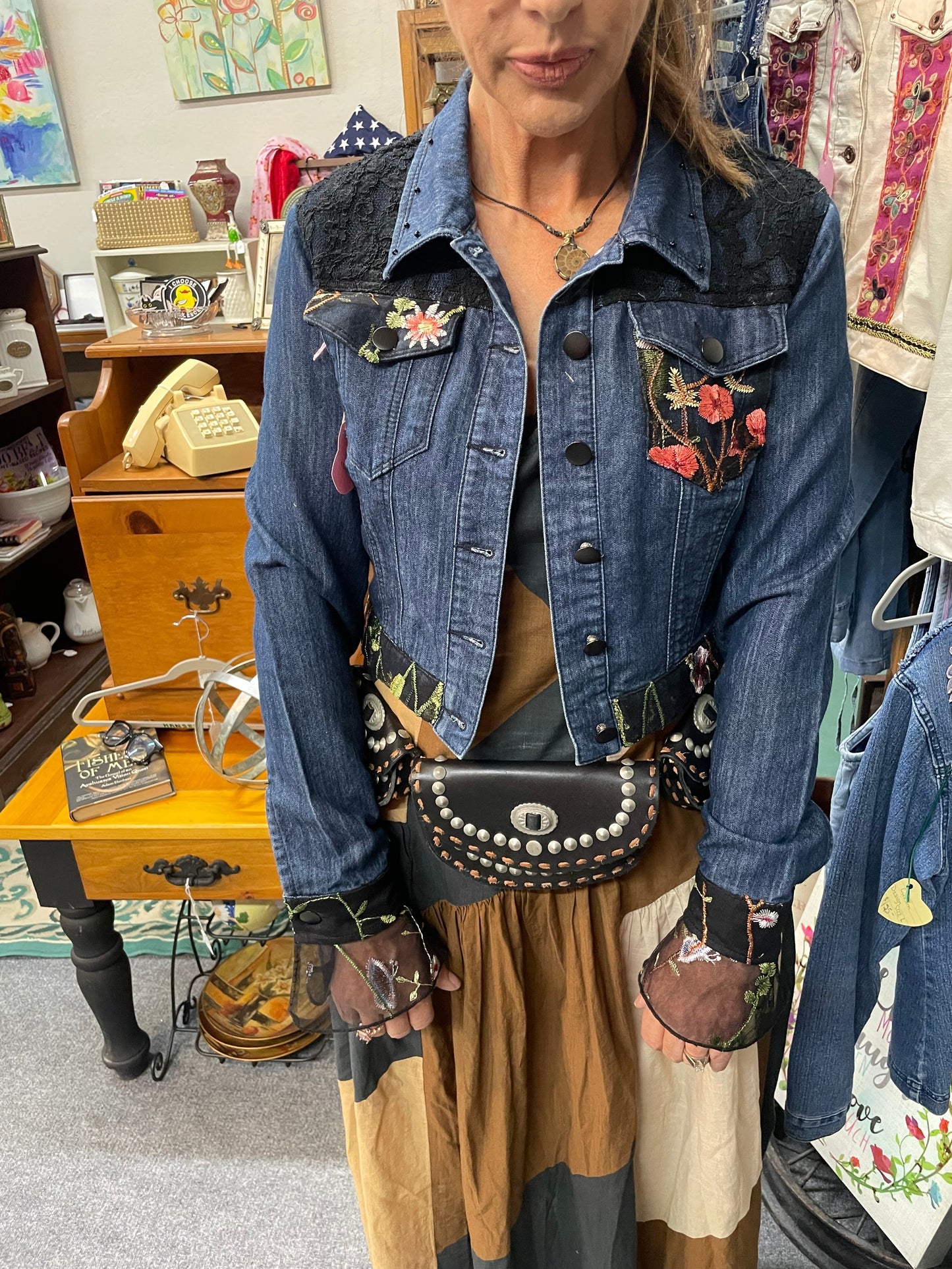 Custom Denim Jacket — Black Lace & Floral Embroideryhand stic