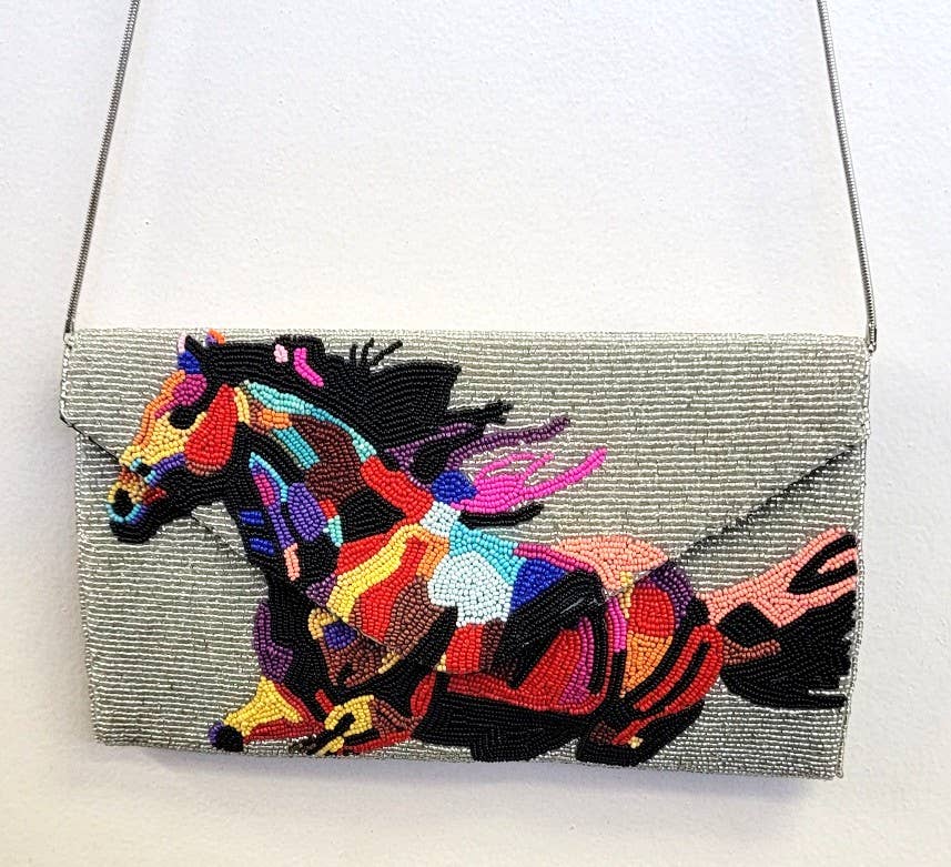 A BEADED BAG FLYING HORSE CLUTCH - EPOQUE