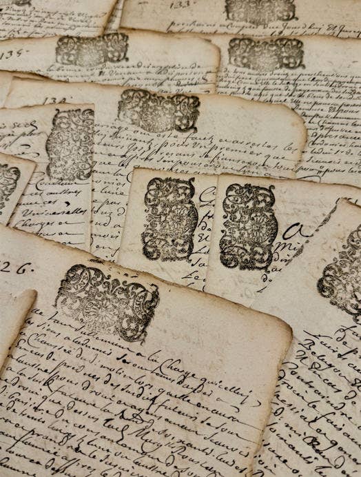Original 1600s Stamped Antique French Script Document Pages - EPOQUE