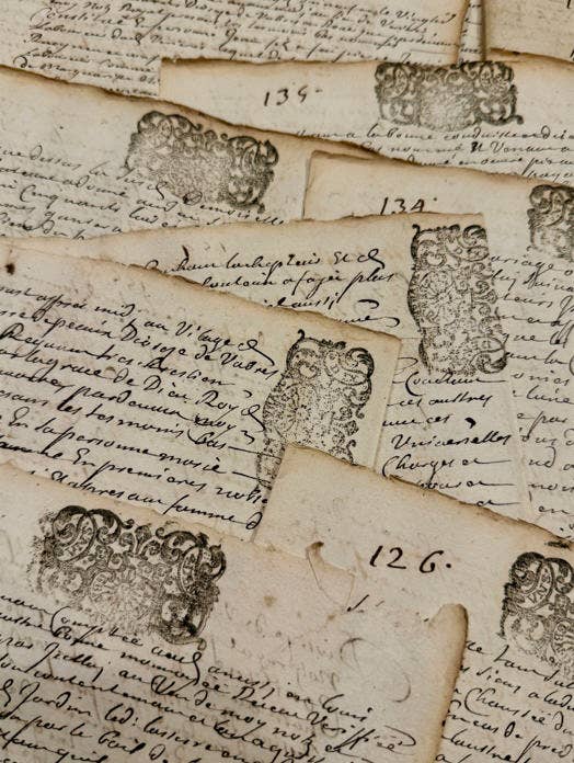 Original 1600s Stamped Antique French Script Document Pages - EPOQUE