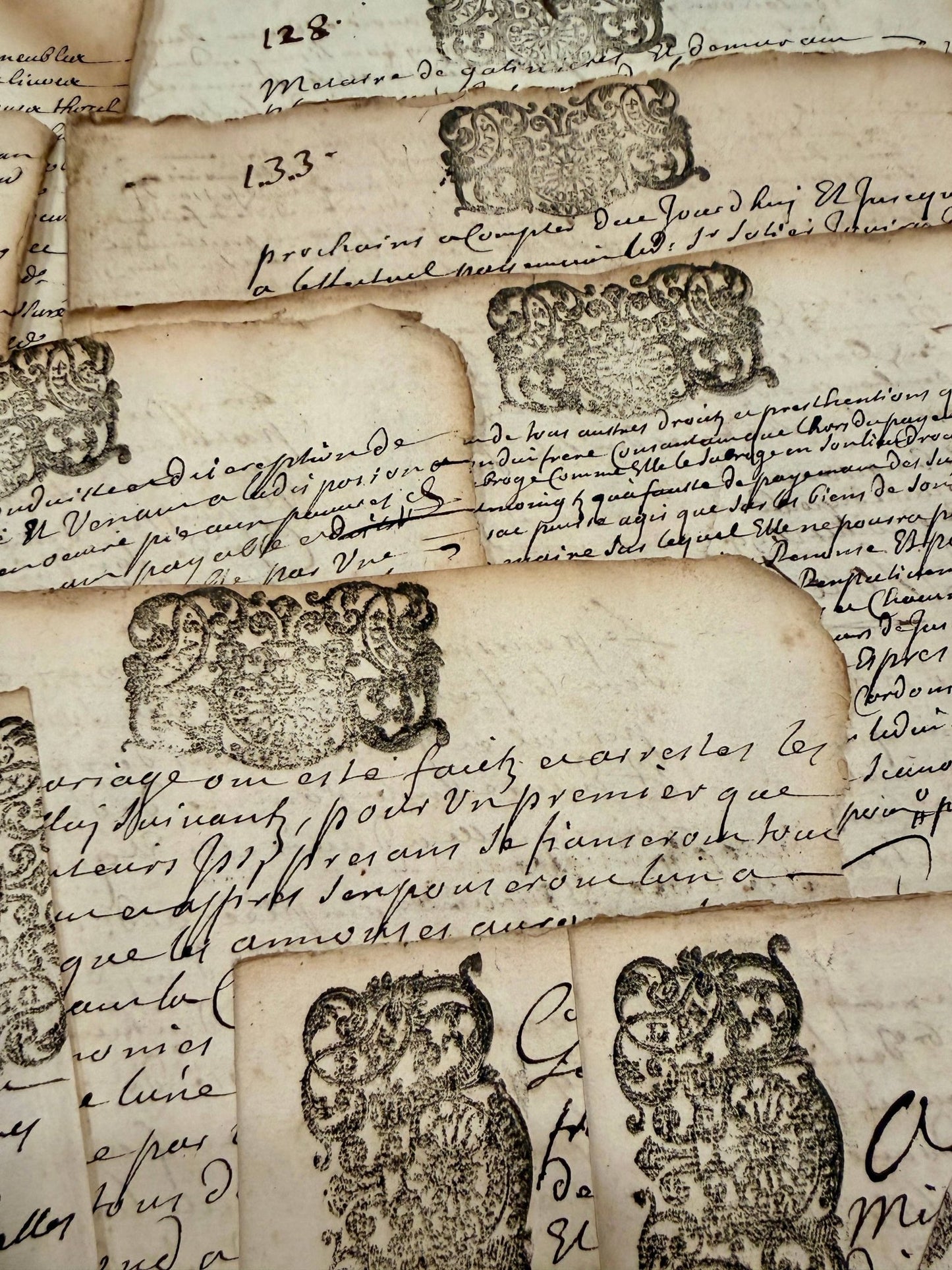Original 1600s Stamped Antique French Script Document Pages - EPOQUE