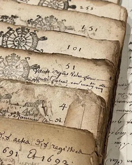 Original 1600s Stamped Antique French Script Document Pages - EPOQUE
