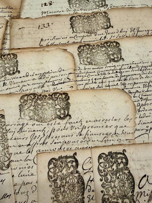 Original 1600s Stamped Antique French Script Document Pages - EPOQUE