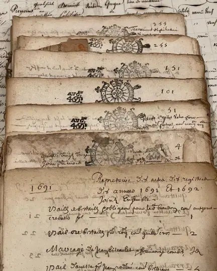 Original 1600s Stamped Antique French Script Document Pages - EPOQUE