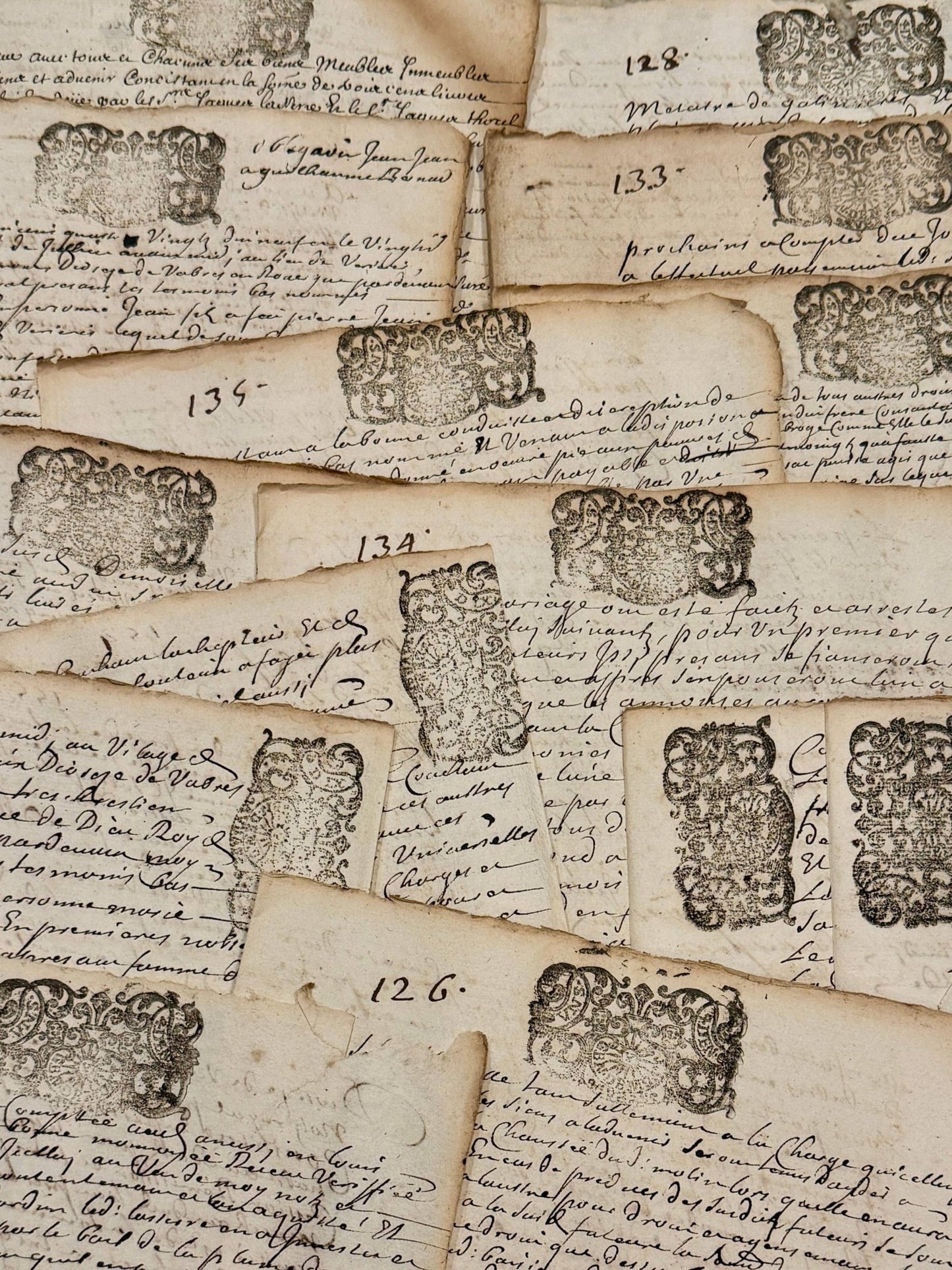 Original 1600s Stamped Antique French Script Document Pages - EPOQUE