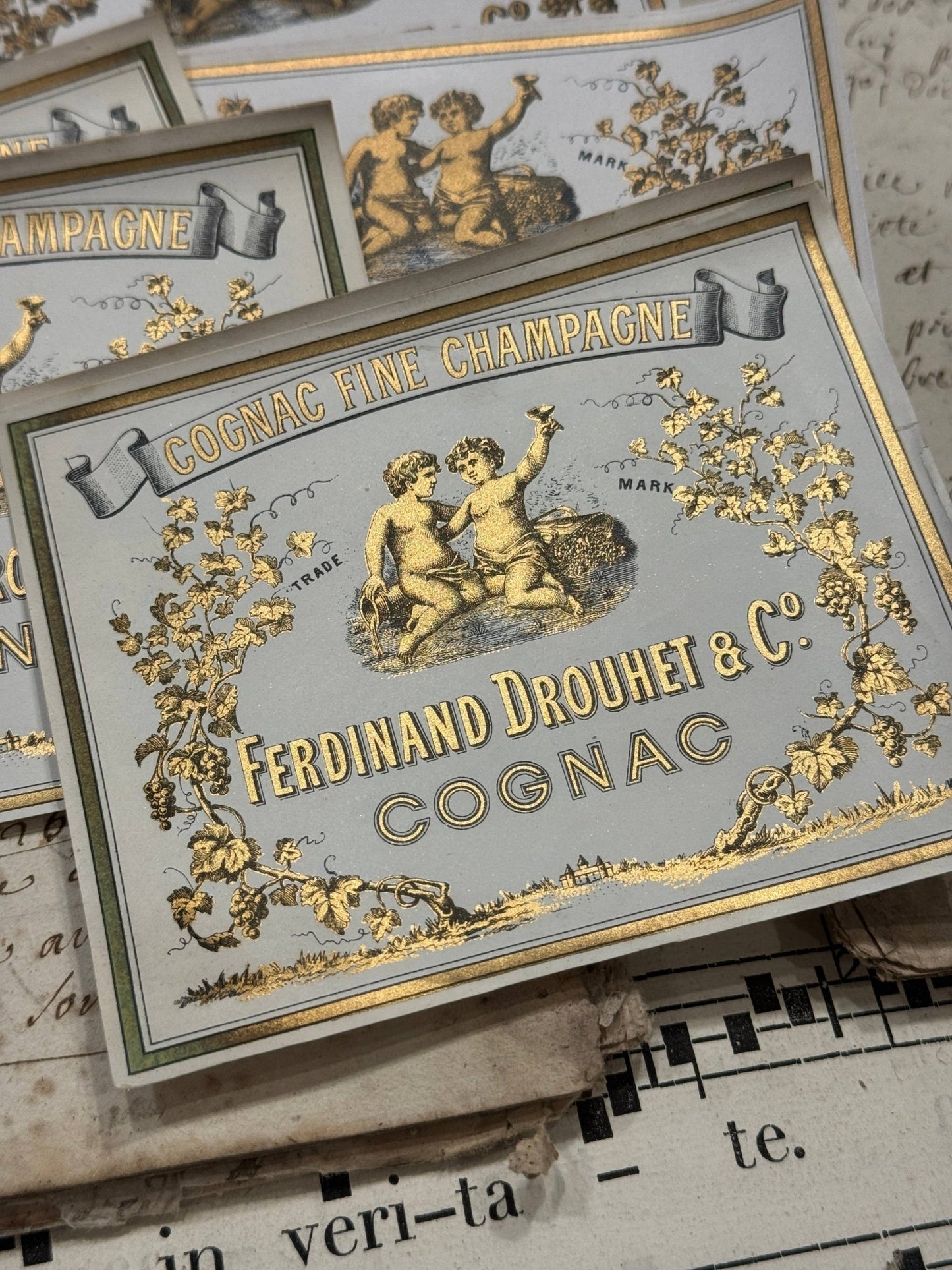 RARE Antique French Cognac Fine Champagne Labels - Set/5 - EPOQUE