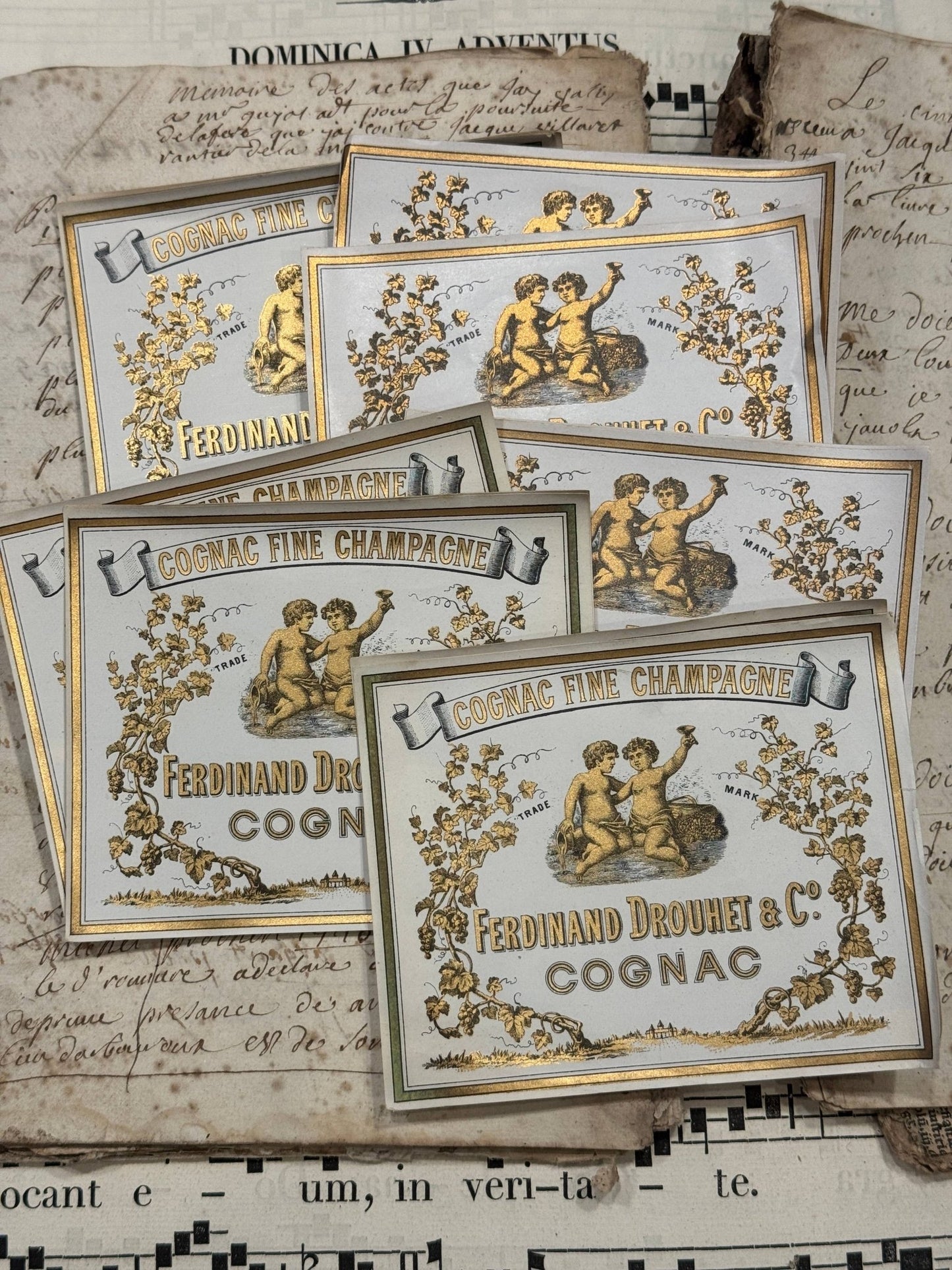 RARE Antique French Cognac Fine Champagne Labels - Set/5 - EPOQUE