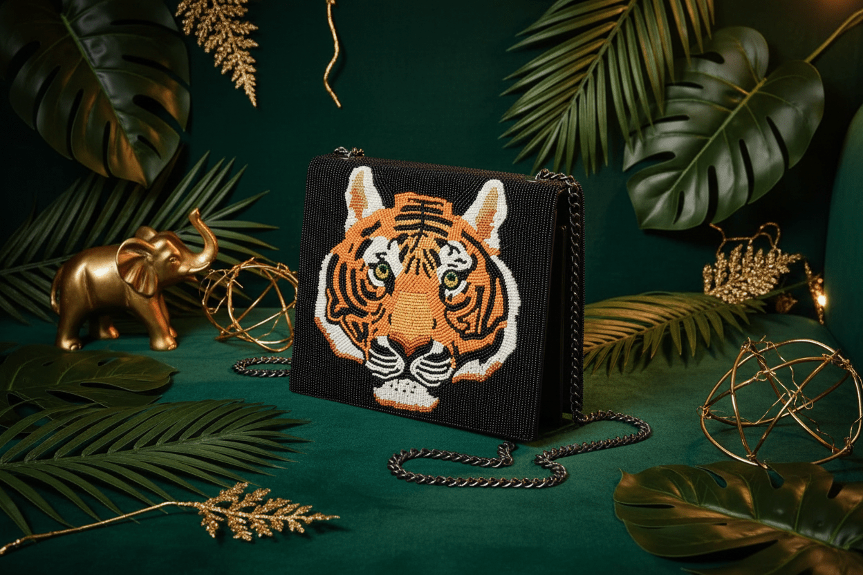 Tiger Hand Beaded Crossbody with Satin Interior - EPOQUE
