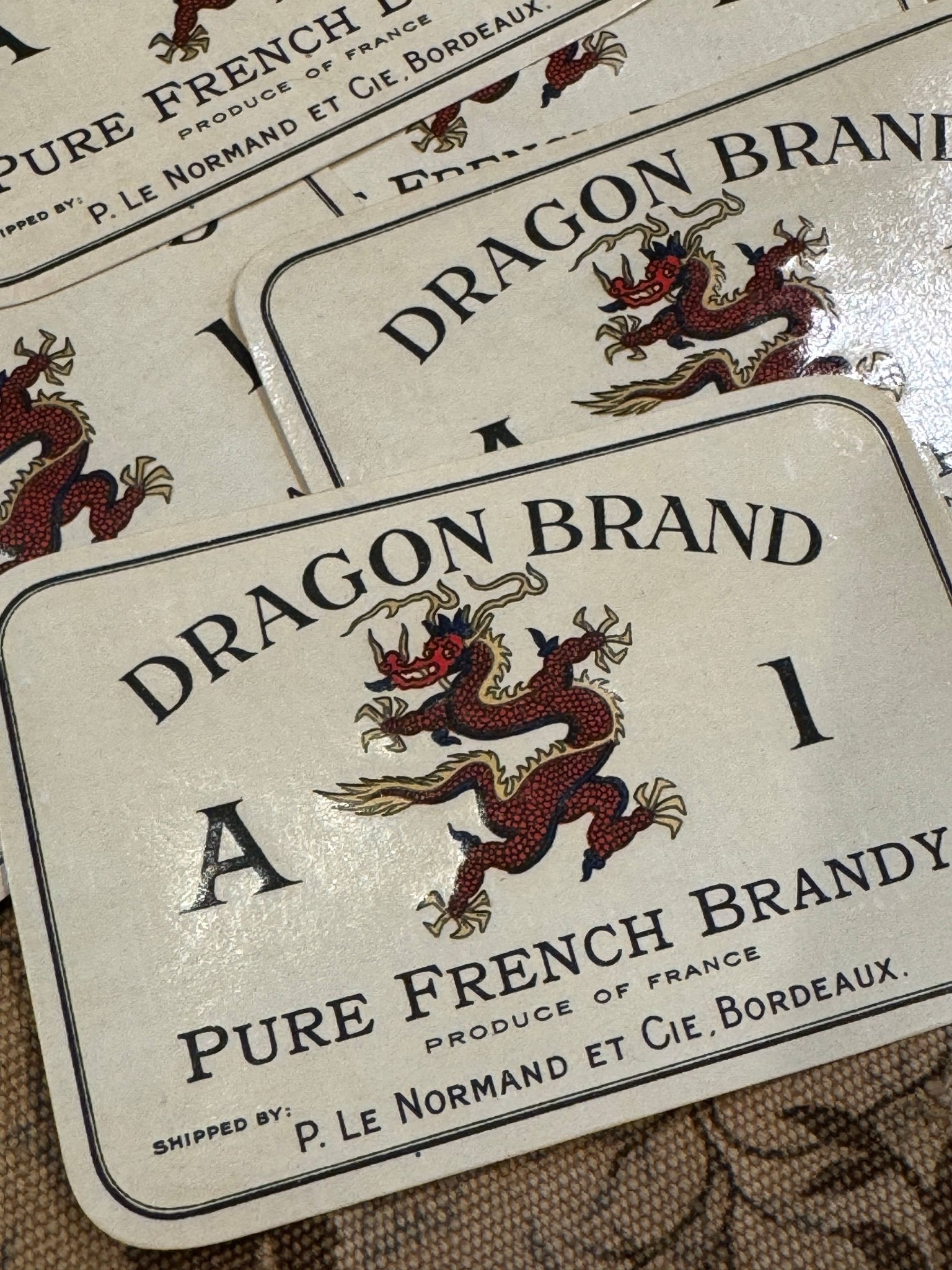 Vintage French Dragon Brand Brandy Labels - Set of 2 - EPOQUE