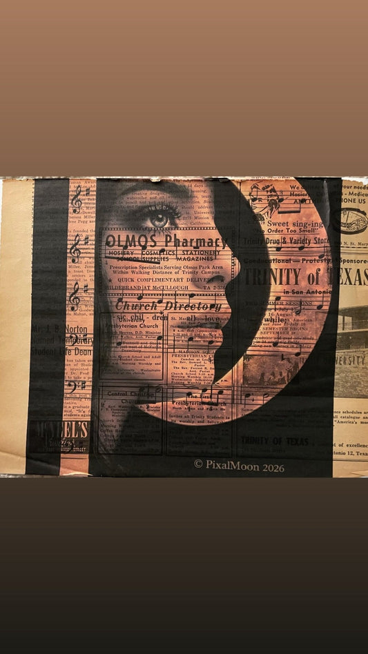 Vintage Newspaper Art Print, Music Notes Wall Art, Woman Profile Artwork, Sepia Collage Print, Antique Style - EPOQUE